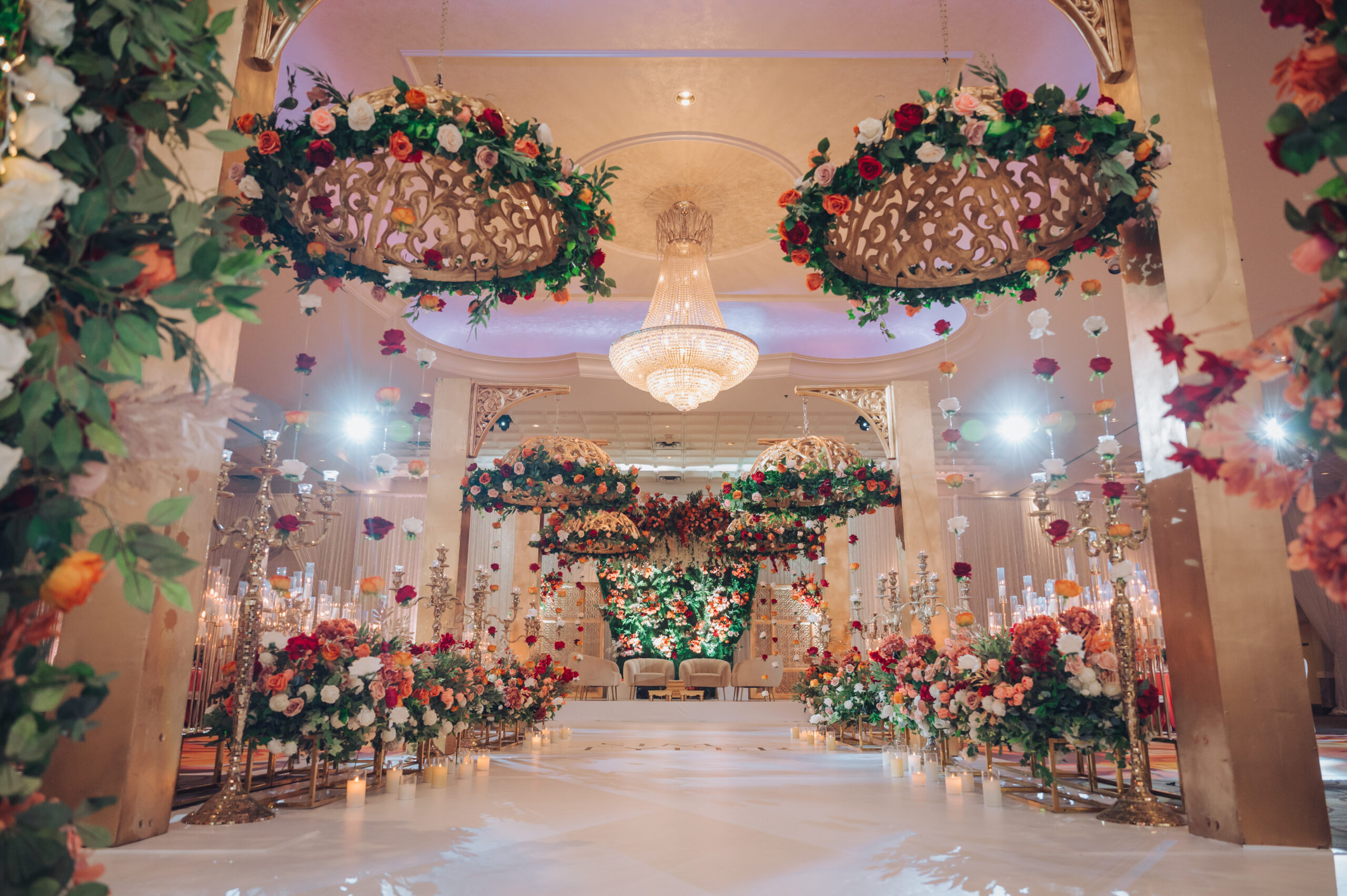 Luxury banquet hall with marble floors, suitable for premium weddings and special occasions.