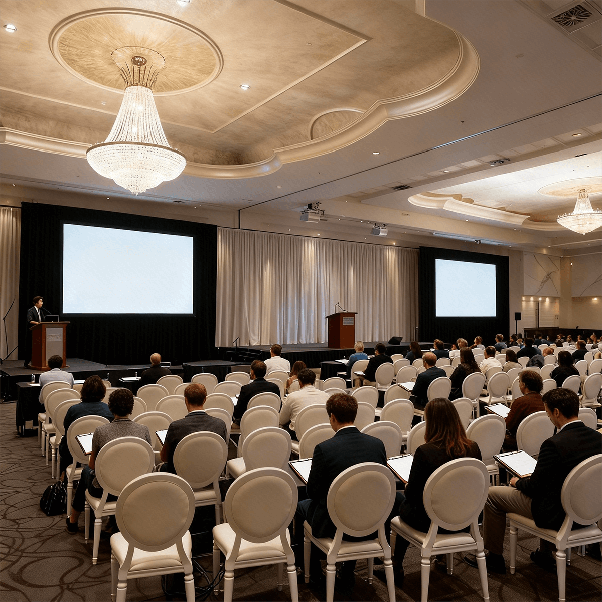 An exhibition hall with plenty of open space for displays and booths.