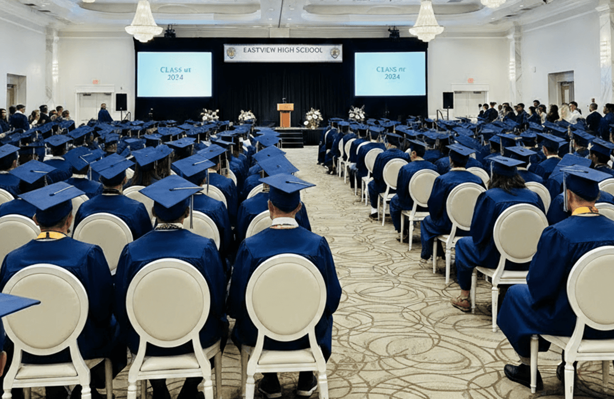 School prom celebration with dance floor, decorations, and professional lighting in our ballroom.