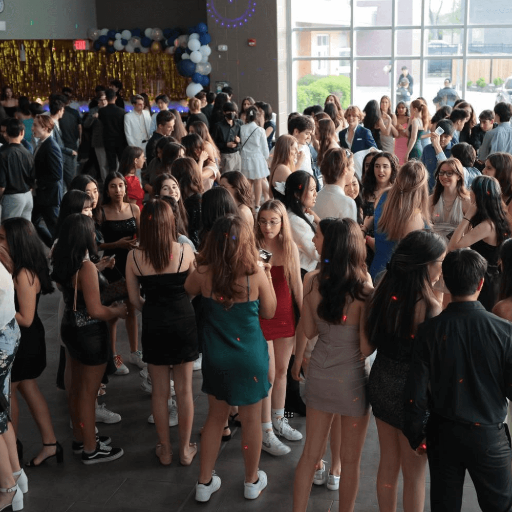 Student council conference with meeting tables and collaborative workspace setup.