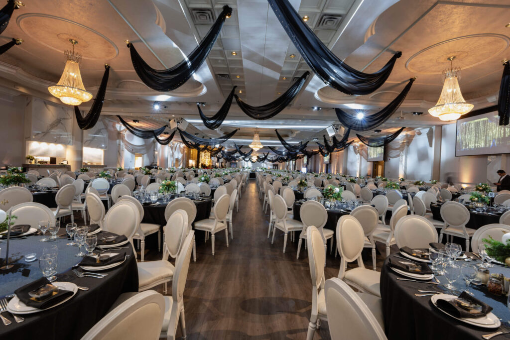 School sports banquet with team decorations and buffet catering for athletes and families.