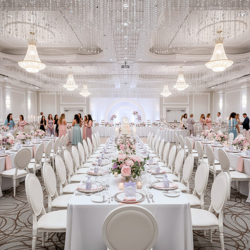 Spacious banquet hall with elegant decor, perfect for wedding receptions and corporate events in Mississauga.