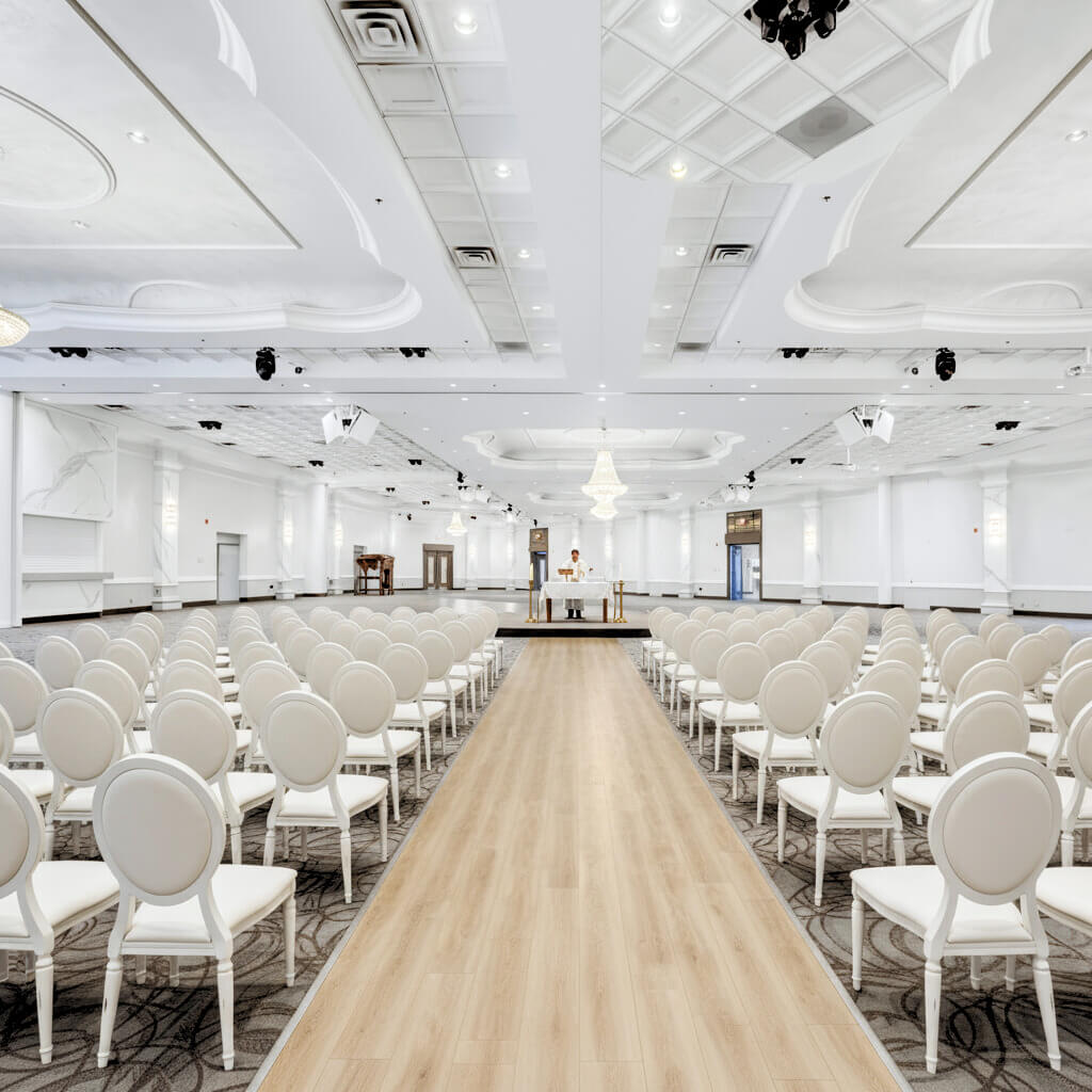 Traditional banquet hall with high ceilings, perfect for South Asian weddings and cultural events.