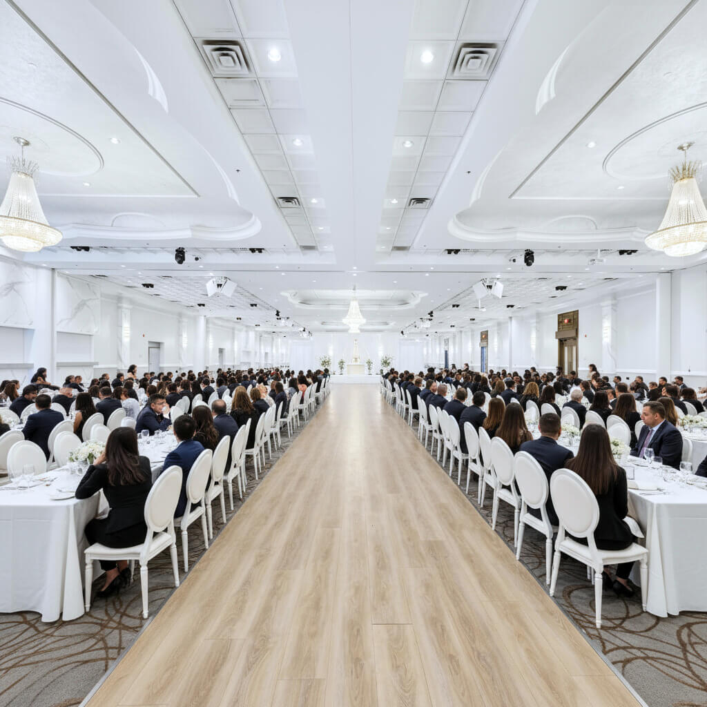 Versatile event hall with modern lighting, suitable for parties, meetings and social gatherings.