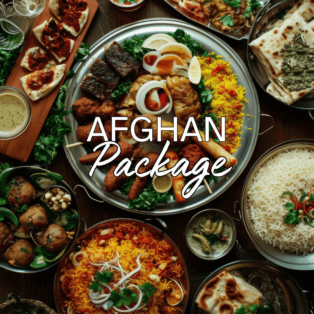 Afghan catering package featuring mantu, kabobs, and kabuli palaw for special events and gatherings.