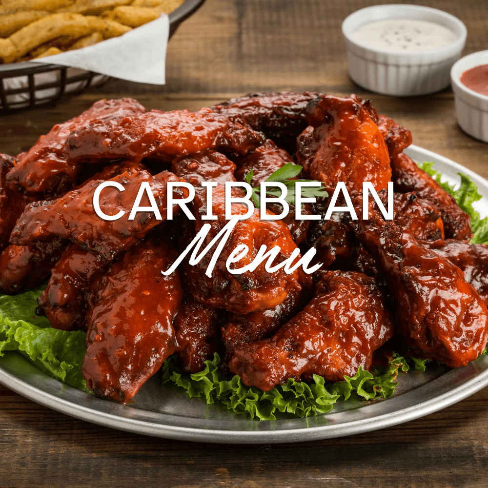 Caribbean social menu package featuring jerk chicken, rice and peas, and tropical desserts for parties.