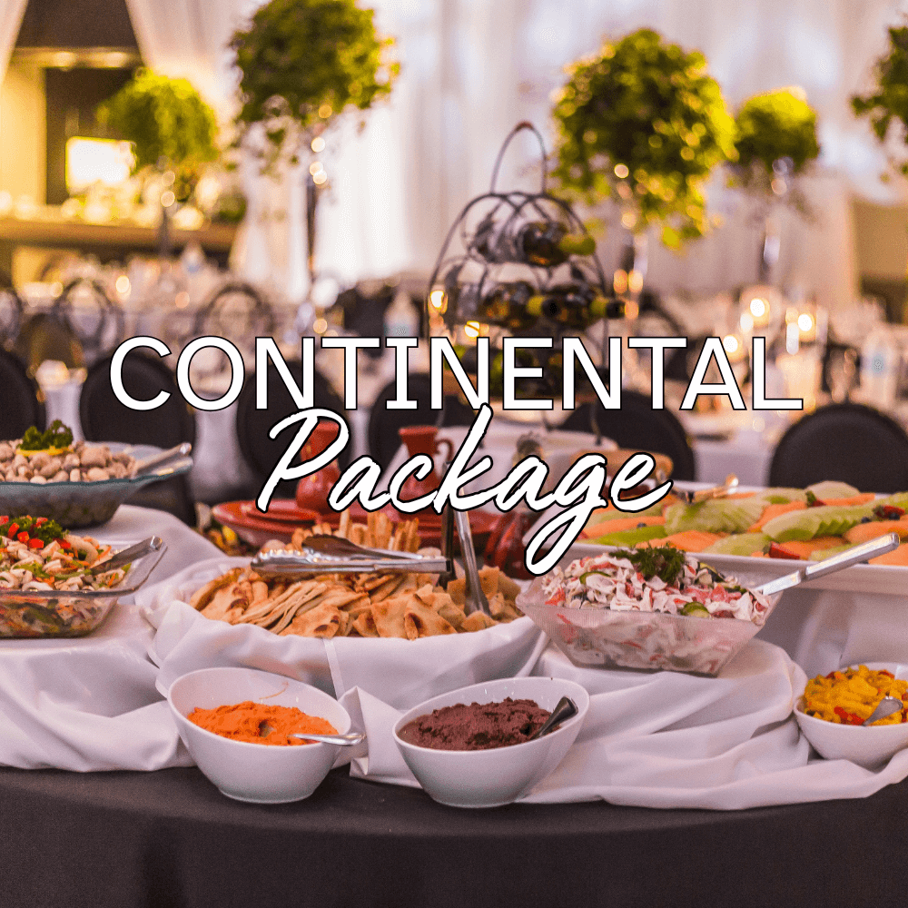 Continental buffet package with roasted meats, pastas, and fresh salads for corporate events and weddings.