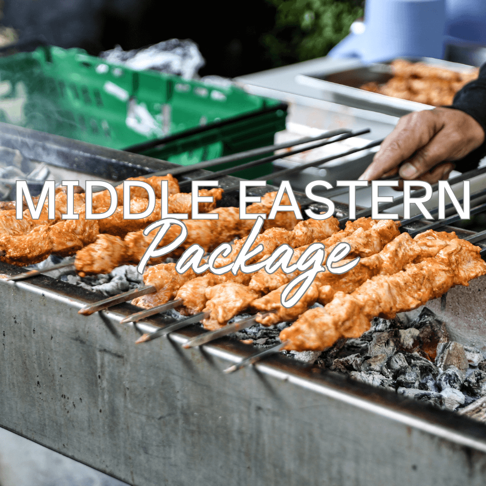 Middle Eastern catering package featuring hummus, shawarma, and mezze platters for social gatherings.