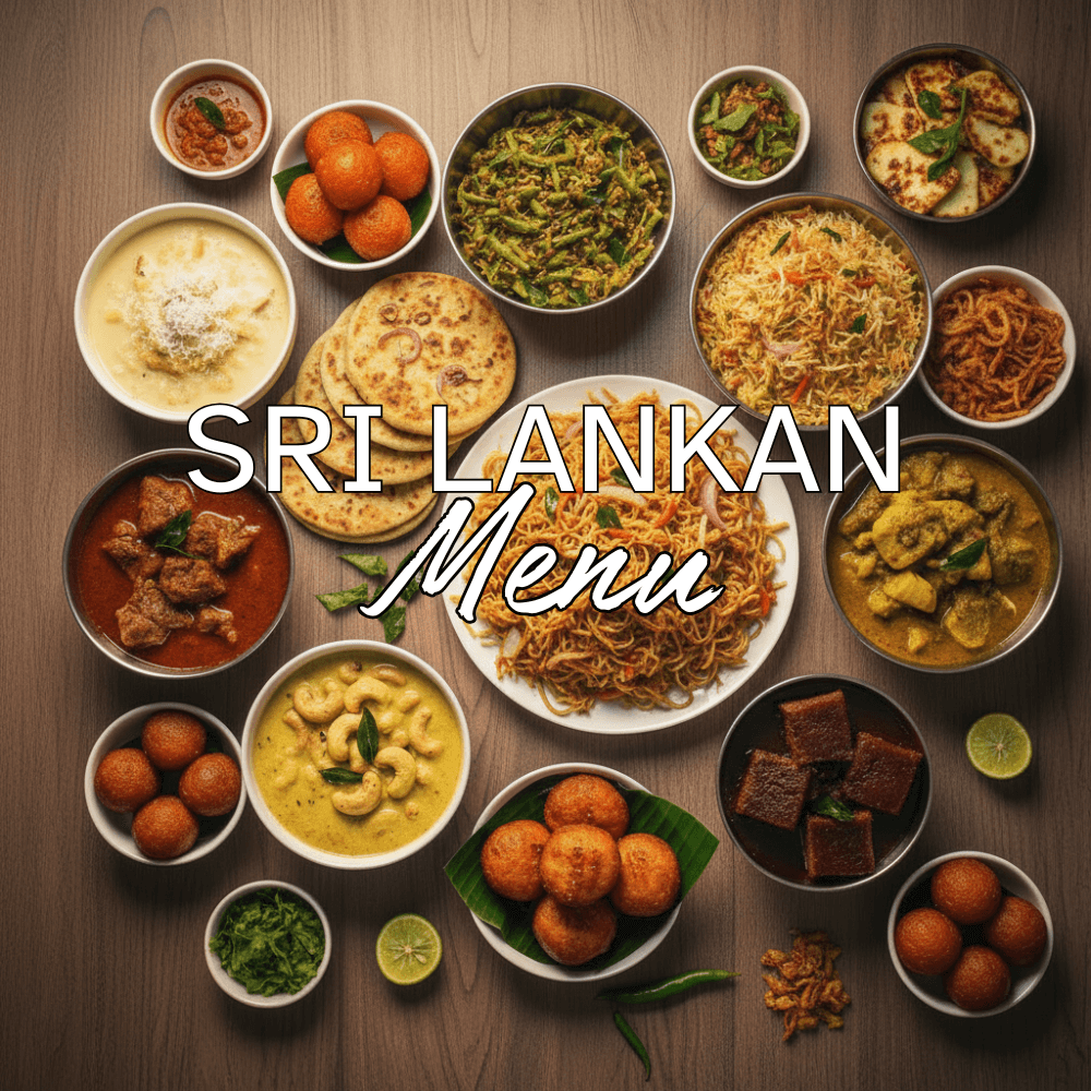 Sri Lankan event menu with hoppers, kottu roti, and traditional curries for cultural celebrations.