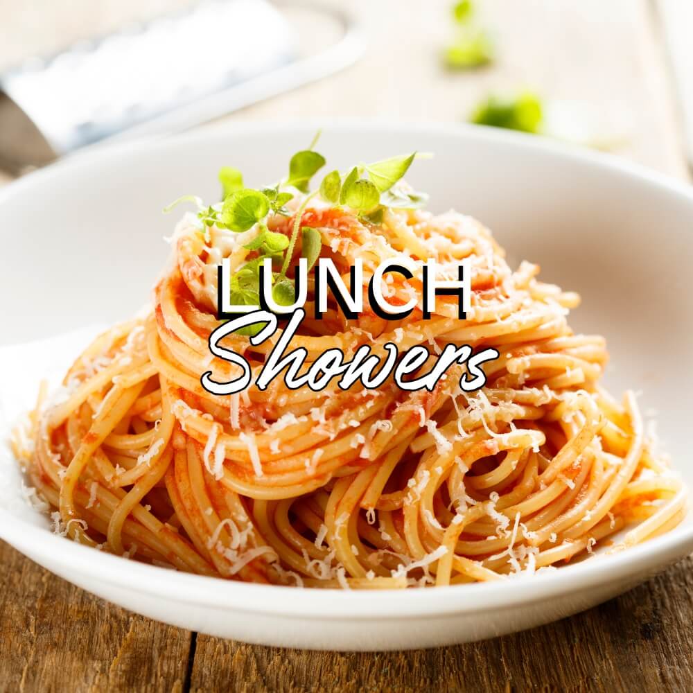 Lunch Showers package with mini burgers, pizza, and fun desserts for birthday celebrations